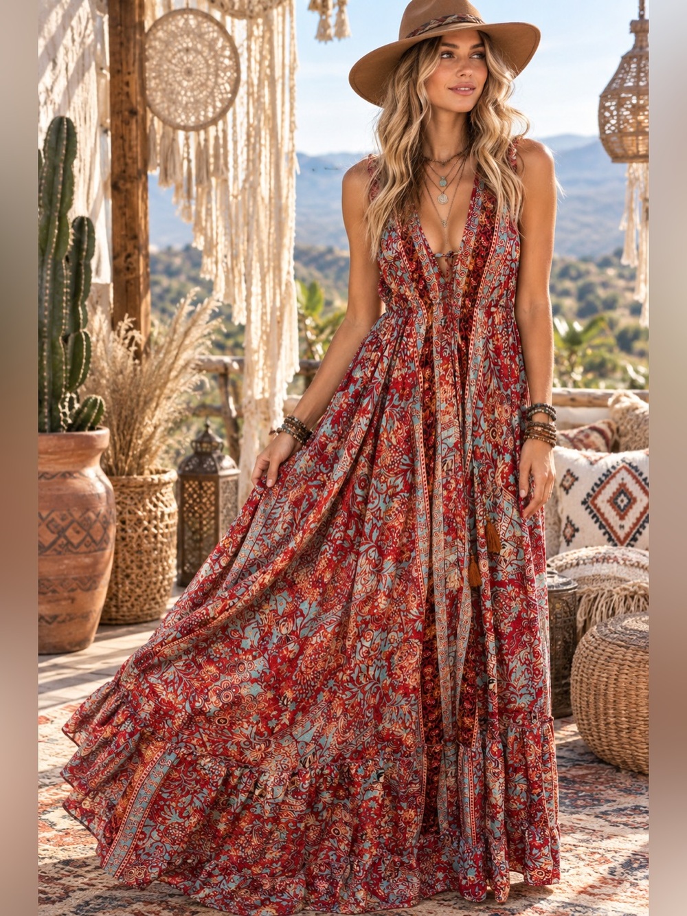 Karma Highway womans Boho Floral Red Maxi Dress size OS